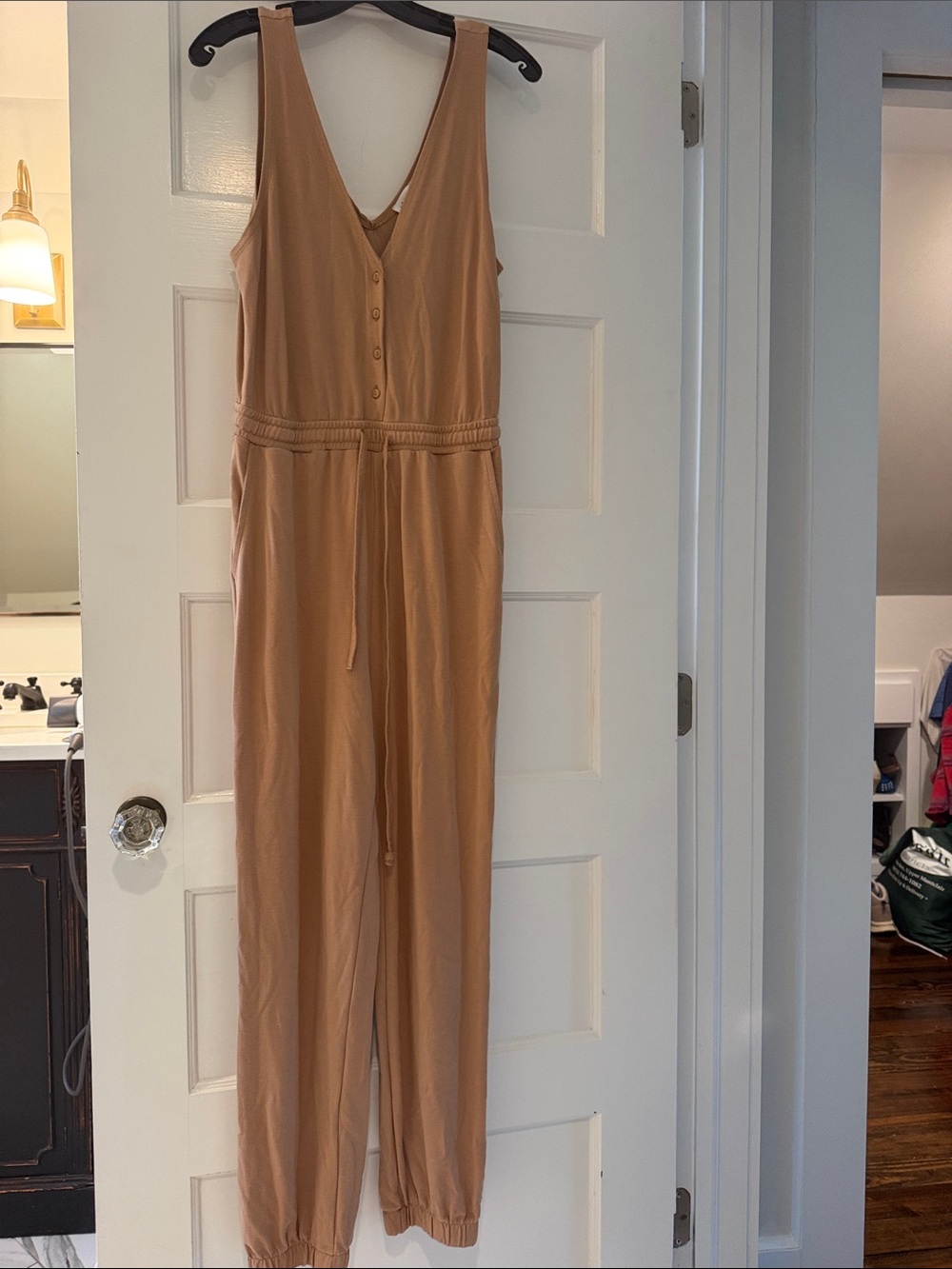 Sleeveless V-Neck Tan Jumpsuit with Drawstring Waist